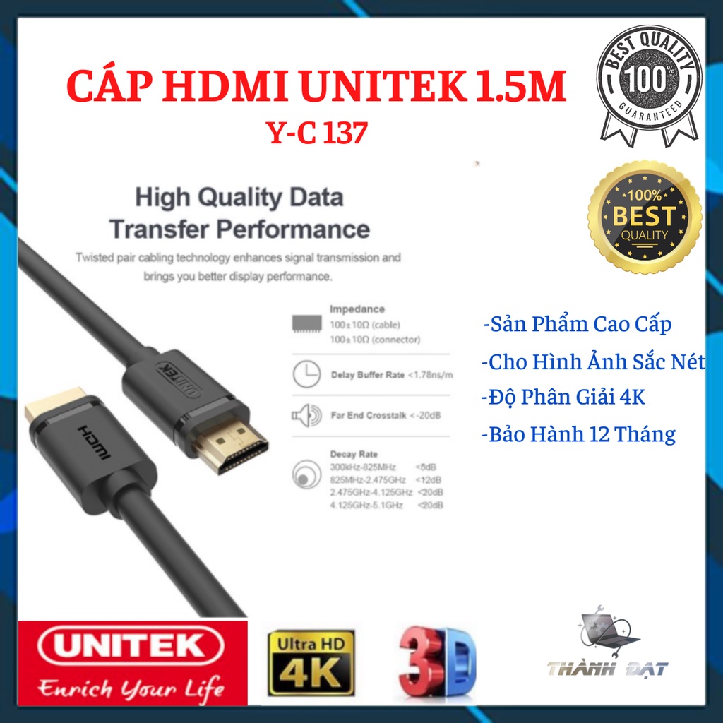 Cáp HDMI Unitek 1,5m Y-C137 - hỗ trợ 4K Ultra HD và 3D