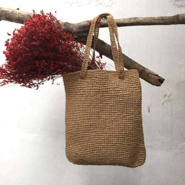 Túi tote móc len sợi giấy, túi handmade vintage boho đan len