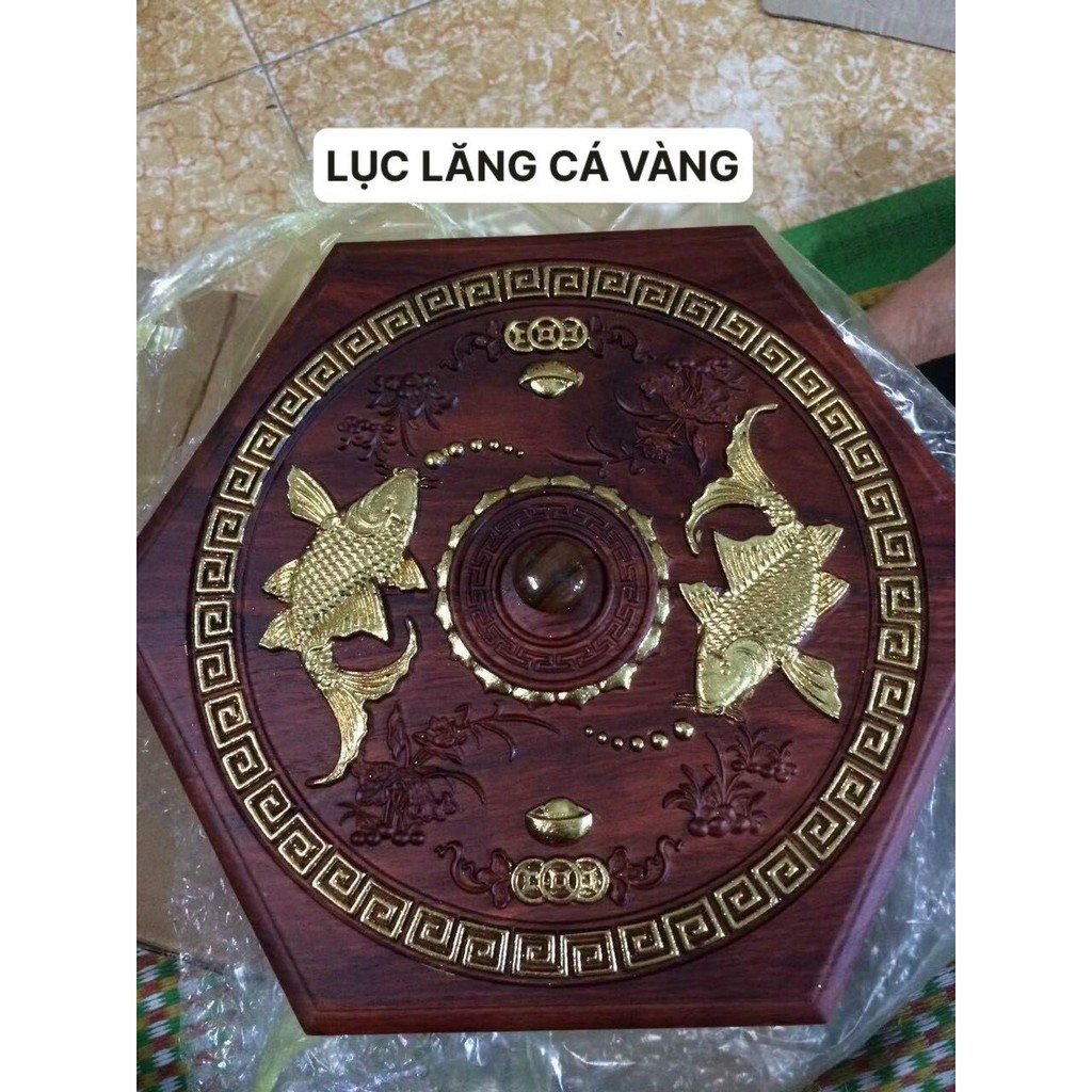 Khay Đựng Bánh Kẹo hình lục giác bằng Gỗ Hương Trạm Song Ngư Vàng