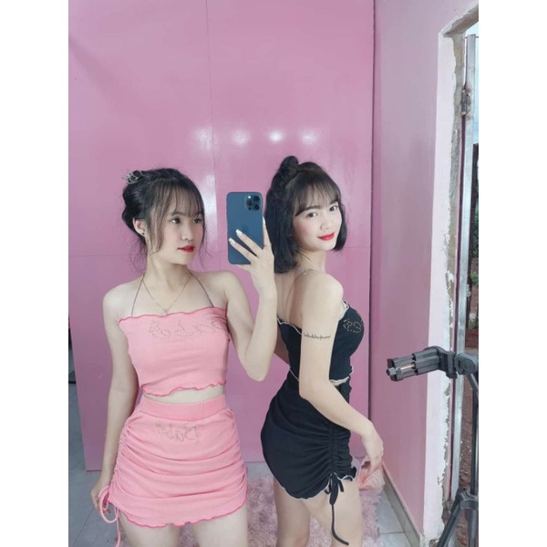 SET BỘ THUN ÁO ỐNG PHỐI CHÂN VÁY DÂY RÚT 2 BÊN CHỮ BABE THÊU SEXY