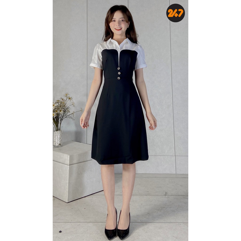 [Mã SKAMSALEP6 giảm 10% tối đa 100K đơn 150K] Đầm nữ công sở xòe kiểu dáng phối màu cổ sơ mi thanh lịch | BigBuy360 - bigbuy360.vn