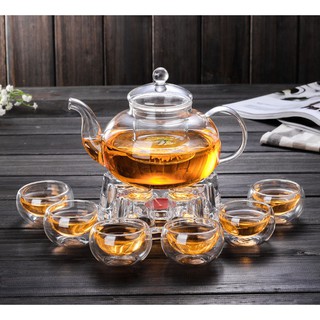 Bộ Ấm Pha Trà Dung Tích 600ml, Bộ Bình Pha Trà Kèm 6 Chén và đế nến Thủy Tinh - Chịu Nhiệt