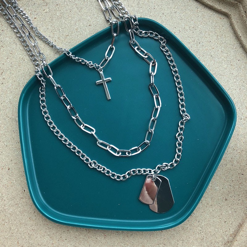 ♥Silver Chains Cross Necklace Couple Fashion Street Hip Hop Geometri