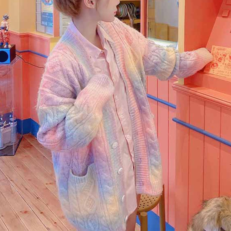 Xiangbao Áo Khoác Cardigan Dệt Kim Dài Đến Đầu Gối Dáng Rộng Cài Nút Màu Cầu Vồng Phía Trước Cho Nữ