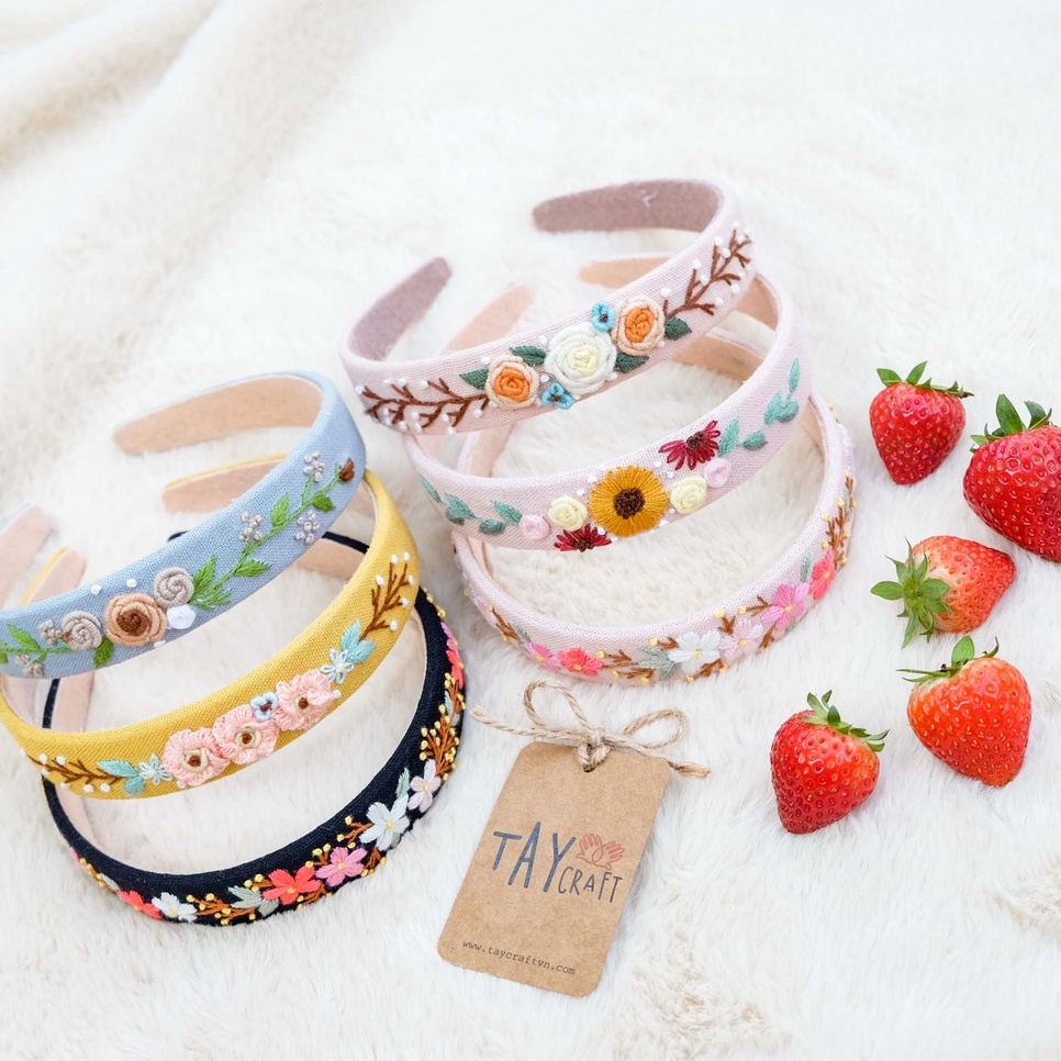 Bờm tóc linen handmade, băng đô tóc thêu tay thủ công bản 2.5cm