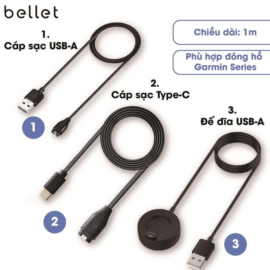 Cáp sạc nhanh USB 1M cho đồng hồ Garmin Vivoactive 3/4S/ Forerunner 245/935/945/ Venu Sq/ Fenix 5/5s/5XPlus/7/6 6S 6XPro