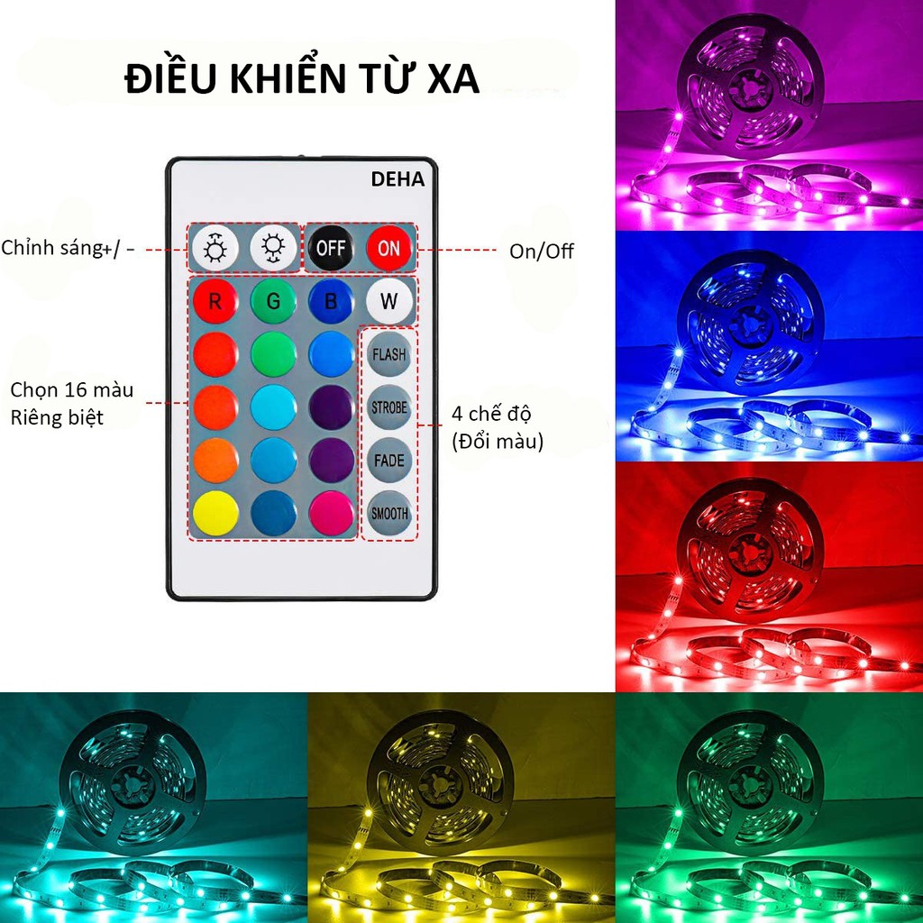 Led dây dán 5050 đổi nhiều màu RGB kèm điều khiển 24 phím combo full bộ dán trang trí bàn, máy tính, phòng.