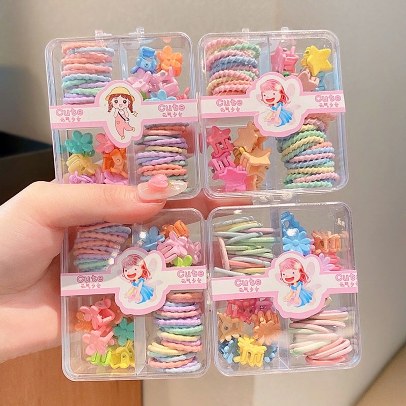 Hộp Dây Buộc Tóc Mix Kẹp Tóc Càng Cua Nhiều Màu Cho Bé Hộp Vuông 4 Ngăn