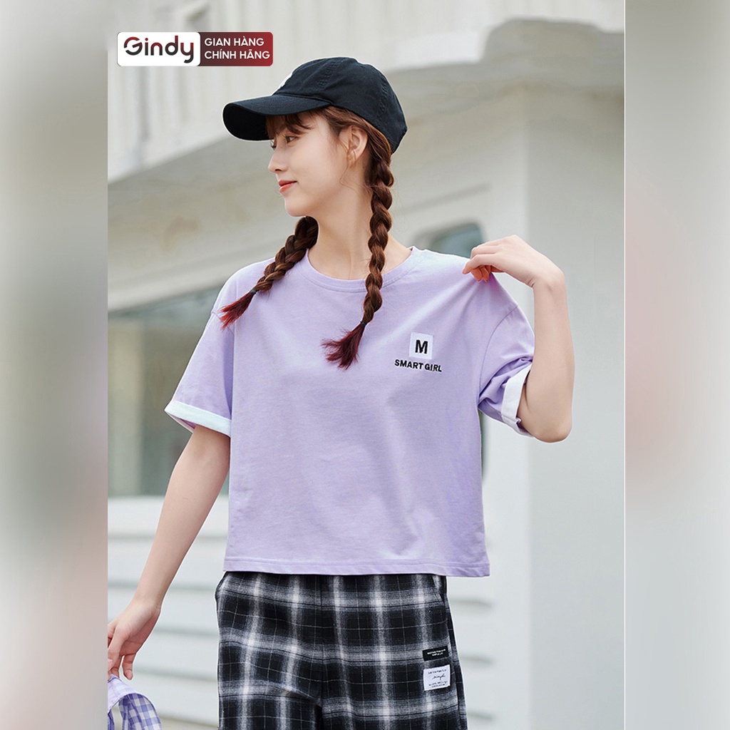 Áo thun nữ tay lỡ GINDY dáng lửng Smart unisex basic cổ tròn vải cotton thoáng mát phong cách Hàn Quốc A6175