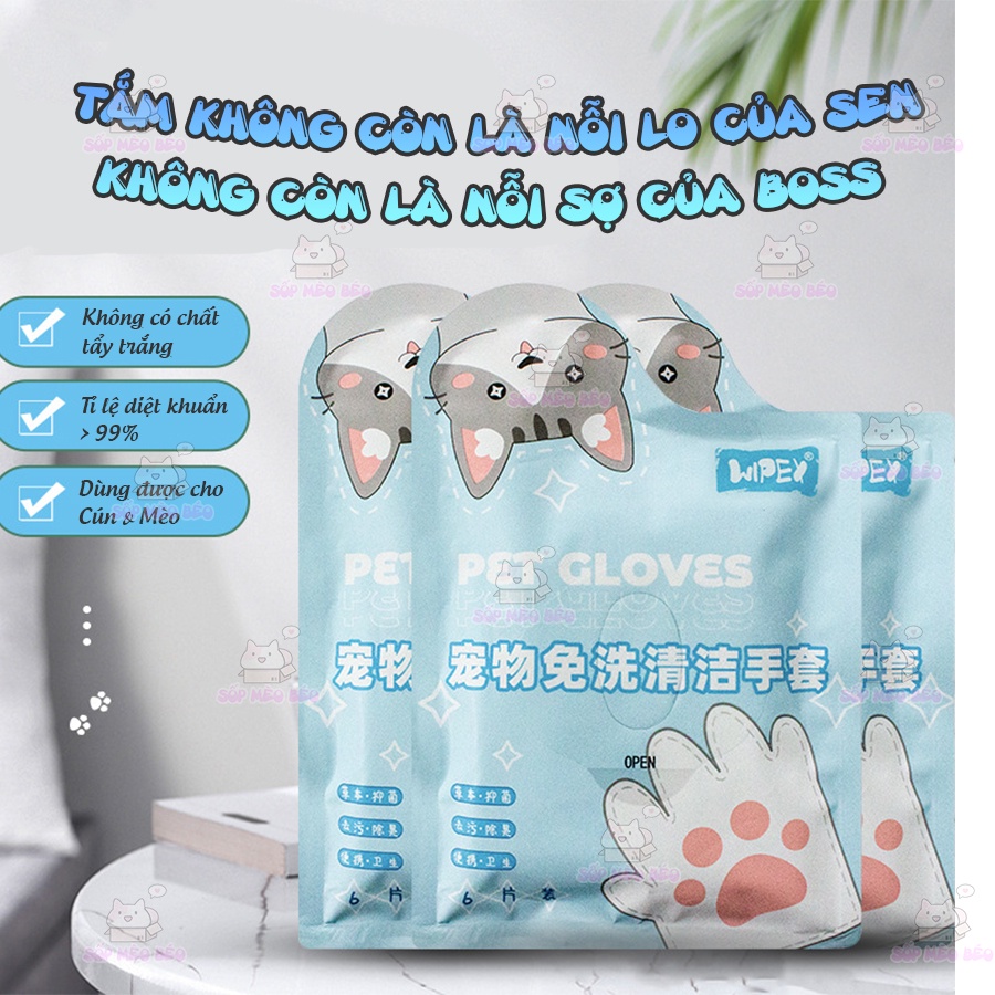 Gói 6 cái Bao Tay Tắm Thơm Wipex Cho Cún Mèo Kiêng Nước, Ghét Tắm