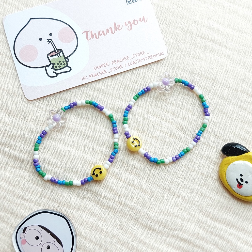🙂 Vòng tay hạt cườm nhựa handmade nhiều màu kèm charm mặt cười, hình tim