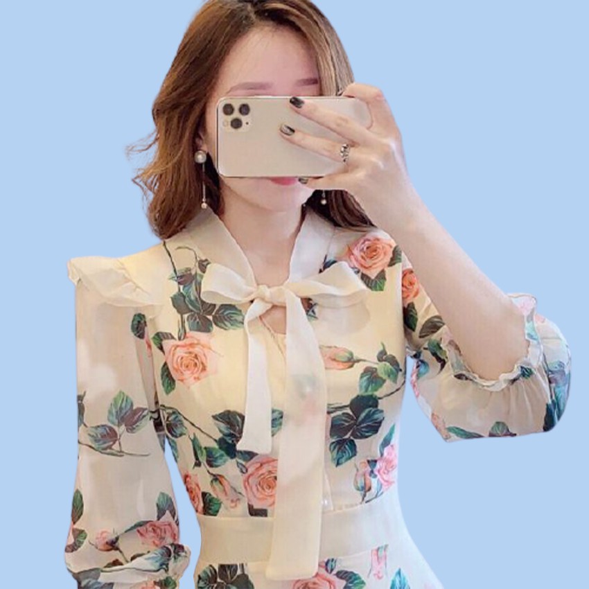 Váy Hoa Dài Tay Thắt Nơ Cổ V Hàng Thiết Kế Cao Cấp 2 Lớp Mềm Mịn Thấm Hút Mồ Hôi [Ảnh Thật Shop Tự Chụp] | BigBuy360 - bigbuy360.vn