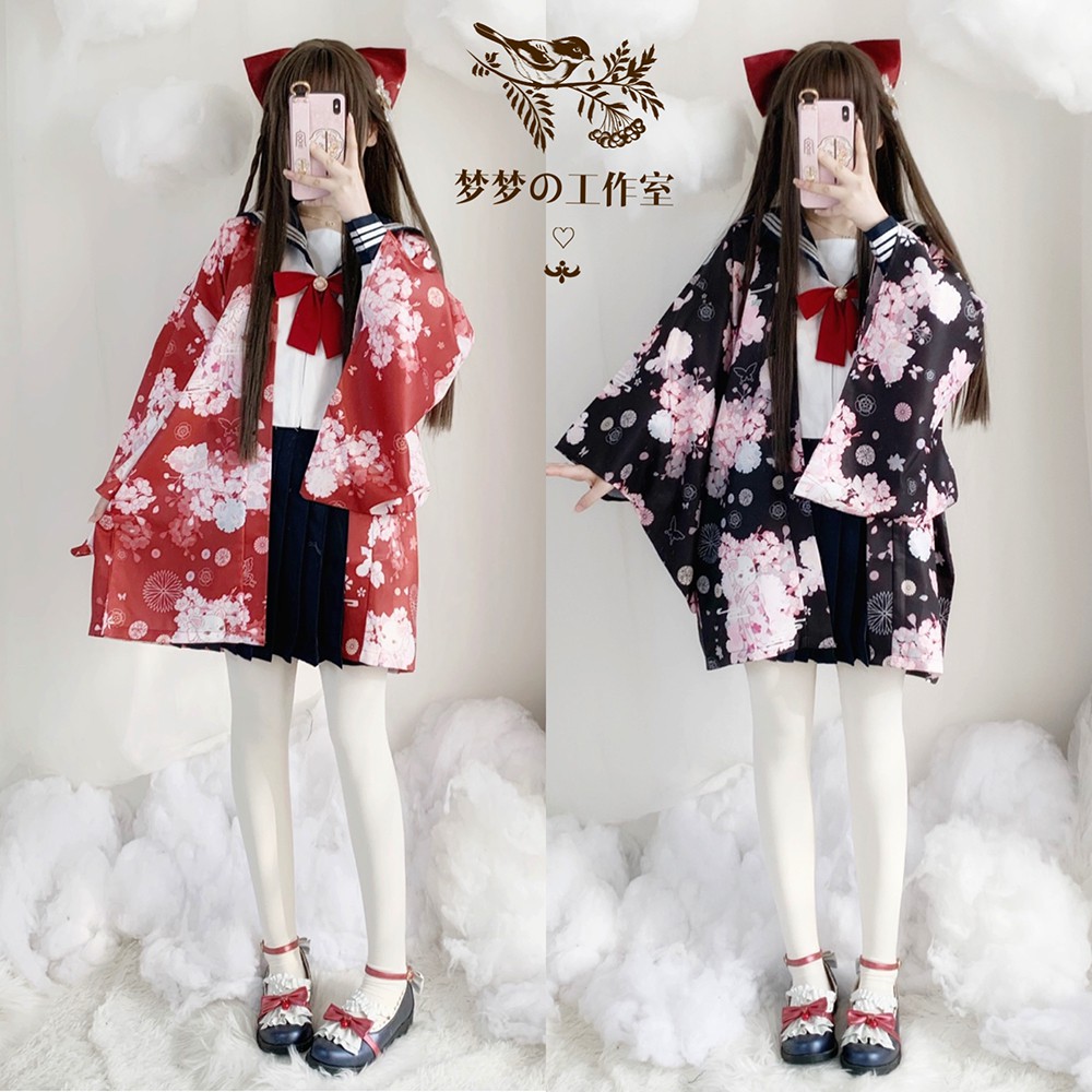 (Có sẵn) Áo khoác Kimono Haori mèo hoa anh đào Nhật Bản