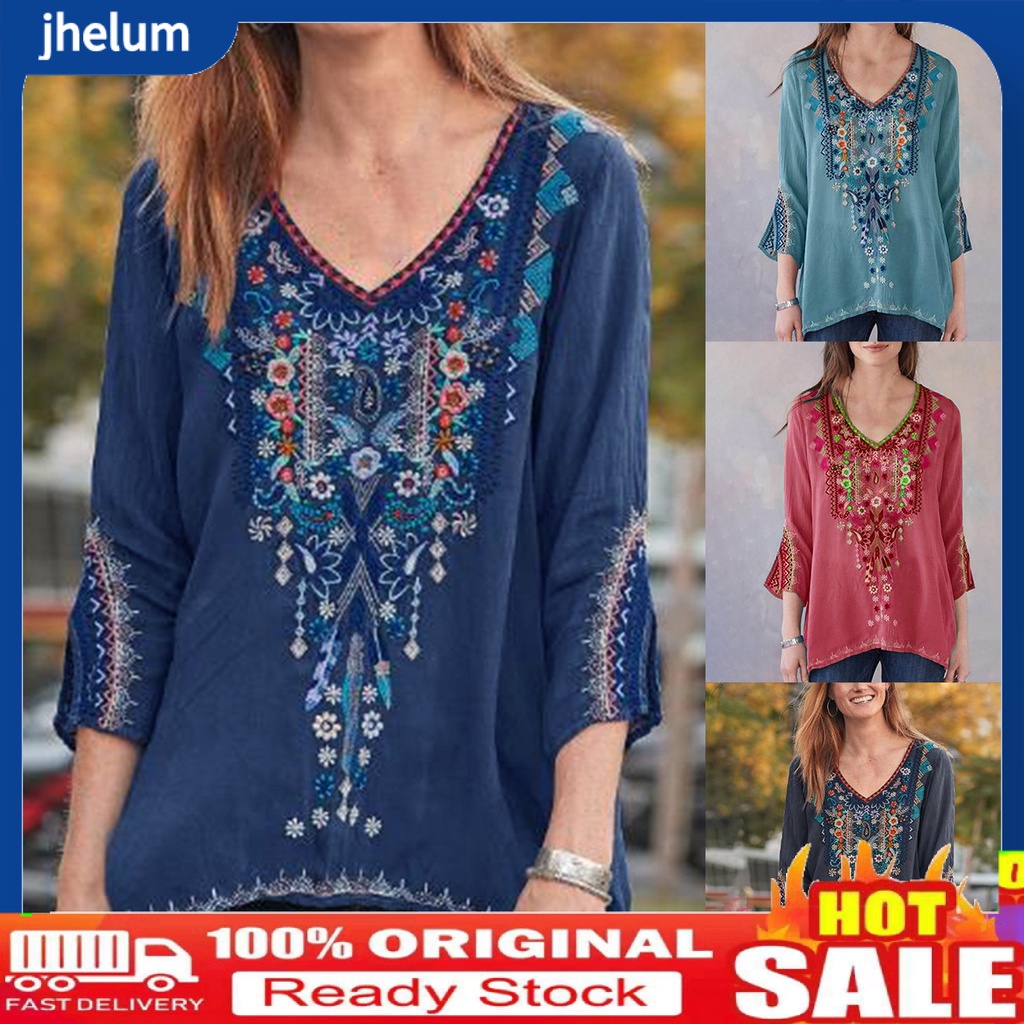 Áo Kiểu Cổ Chữ V Tay Lỡ 3/4 In Họa Tiết Thổ Cẩm Phong Cách Boho Thời Trang Cho Nữ
