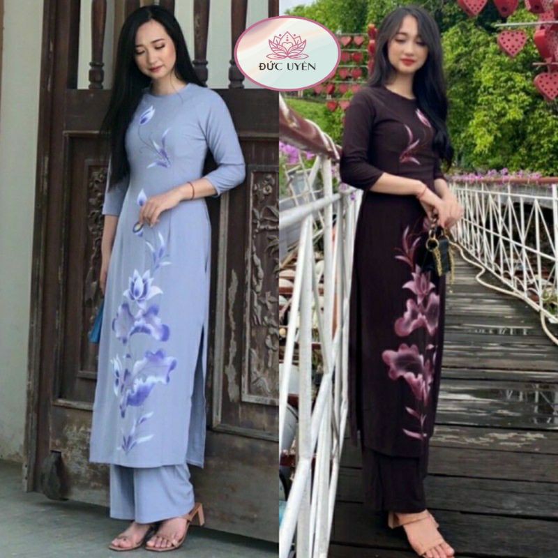 Đồ lam đi chùa- Mẫu áo dài vẽ sen chất thun