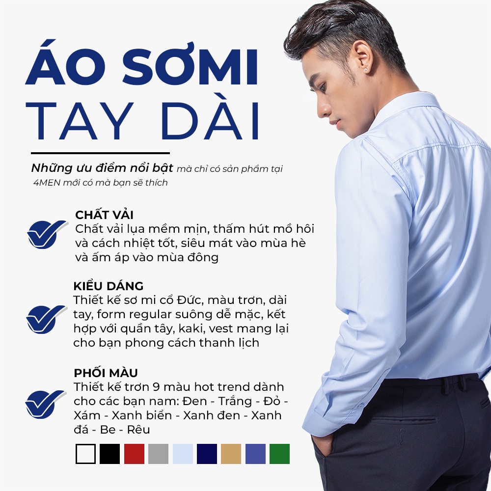 Áo Sơ Mi Nam Trơn Tay Dài 4MEN AOSOMI088 cổ Đức, vải chéo mềm mịn hạn chế nhăn, nhiều màu, dễ mặc