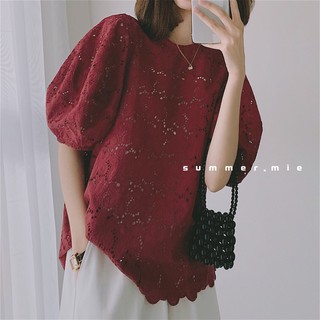 (ORDER) Áo sơ mi nữ ren hoa đỏ mận tay phồng style tiểu thư thanh lịch Hàn Quốc