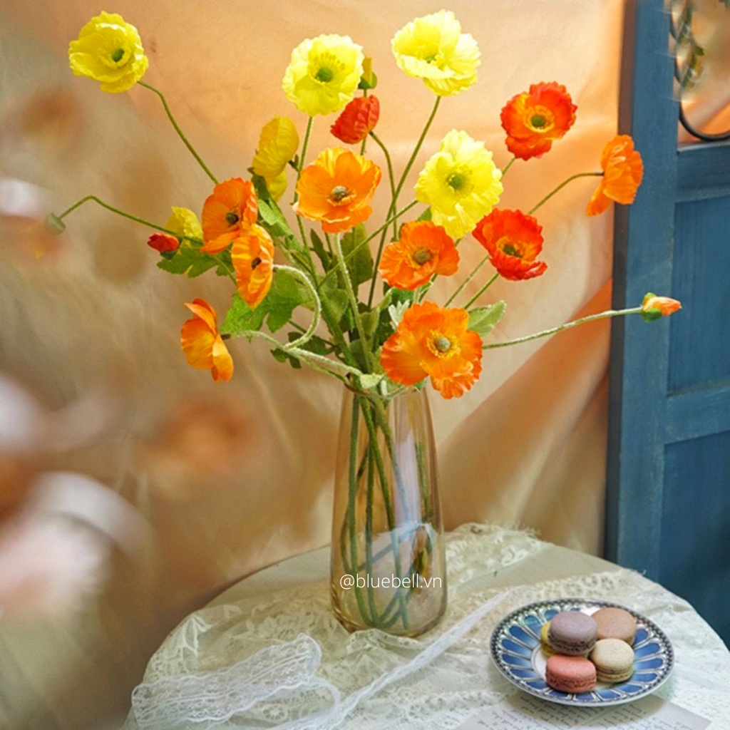 Hoa Anh Túc-Hoa Poppy-Hoa Kim Anh Giả Bằng Lụa 3 Bông 1 Nụ Trang Trí Nhà, Đạo Cụ Chụp Ảnh BlueBell