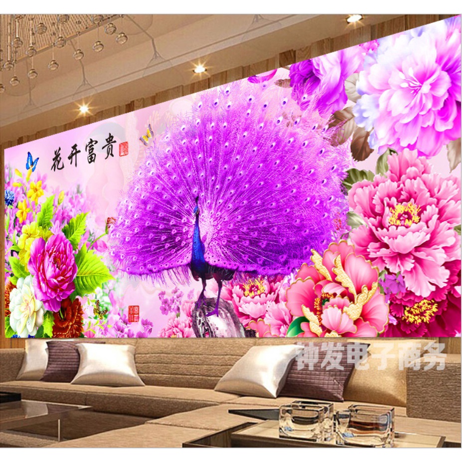 Tranh thêu chữ thập chim công tím xòe hoa khổ 200x86cm
