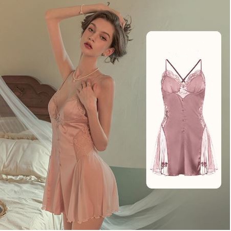 Váy ngủ 2 dây Embra khuy ren lưới cao cấp EBV29