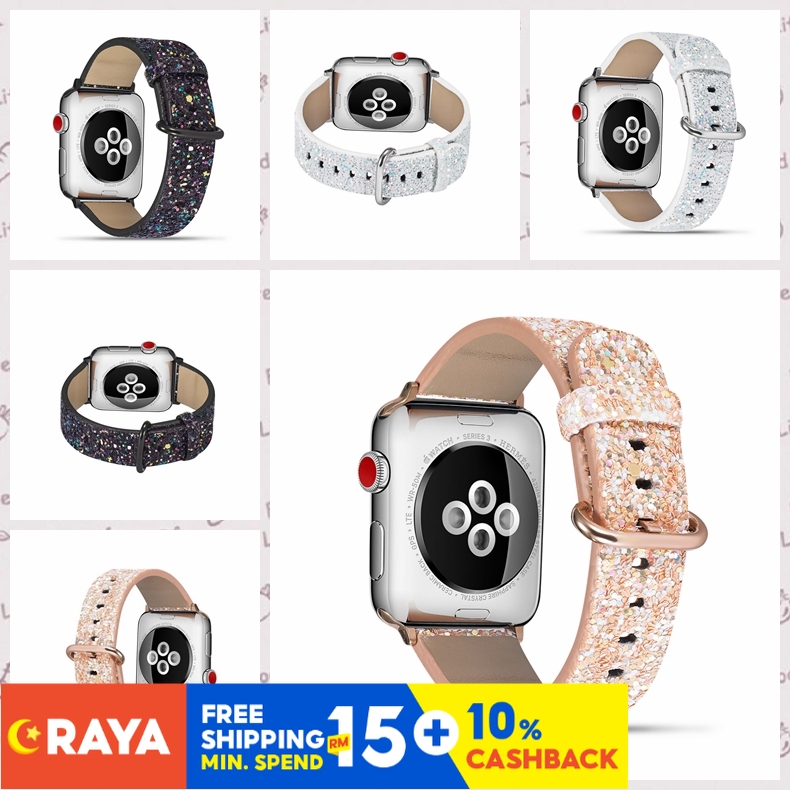 Dây Đeo Đồng Hồ Apple Watch 38mm40mm42mm44mm Bằng Da Màu Trơn Lấp Lánh