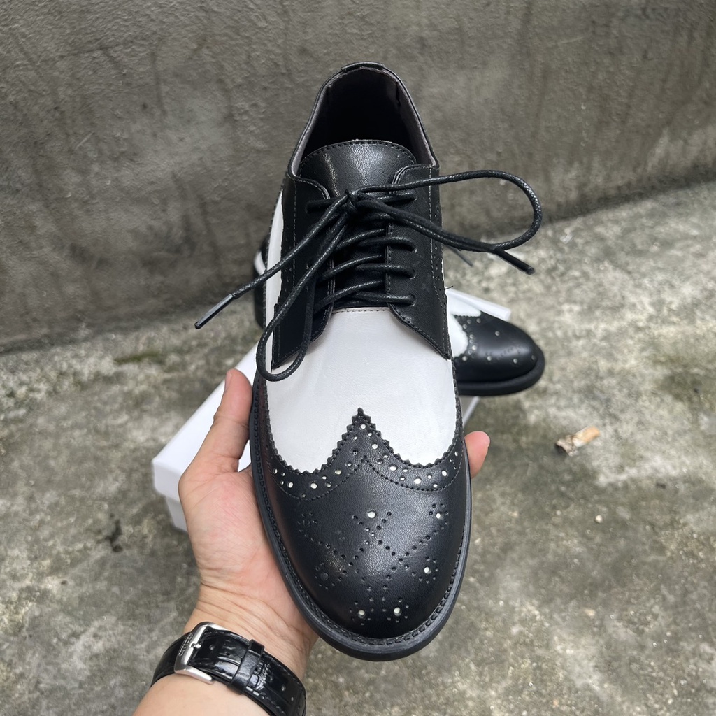 Giày Derby nam Black White, Giày da buộc dây Cao Cấp Da Bò 100%