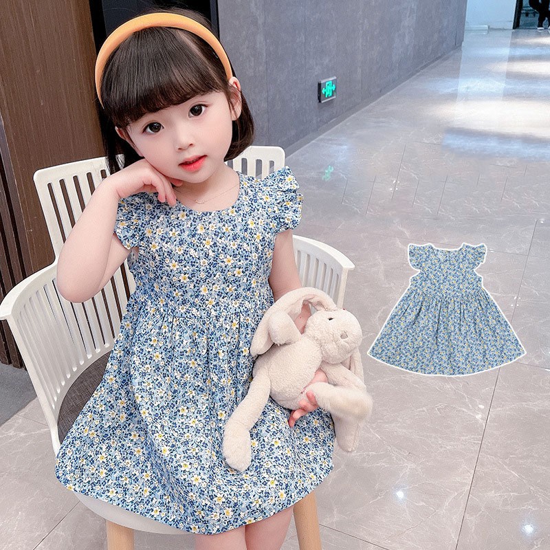 Váy, đầm bé gái mùa hè chất cotton hoa nhí xanh cánh tiên thoáng mát dễ thương QATE22