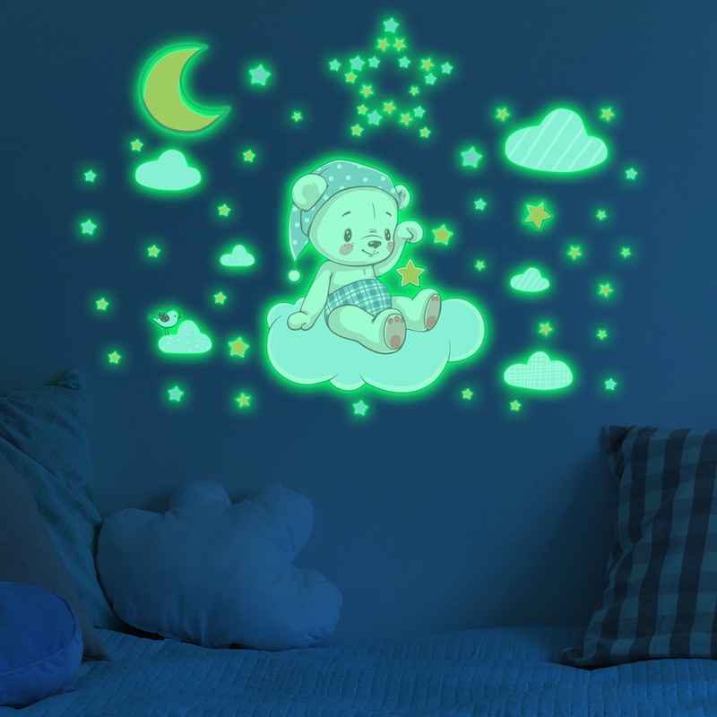 Miếng Dán Tường Dạ Quang Họa Tiết Thỏ Hoạt Hình Và Bong Bóng Dễ Thương Trang Trí Phòng Ngủ / Phòng Khách