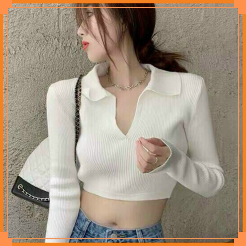 Áo Croptop Tay Dài Cổ Bẻ Freesize Dưới 53kg, Dáng Ôm, Chất Thun Gân Co Giãn, Hàng Chuẩn Đẹp Ylyhouse !