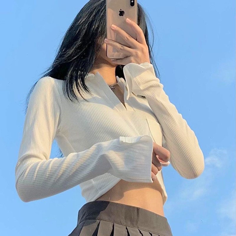 Áo croptop polo túi ngực chât liệu vải tăm gân size s m mặc hè thu-Halinh-Shop