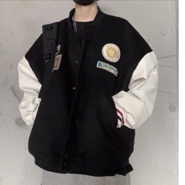 [CÓ CLIP ÁO]  ÁO BOMBER- ÁO VARSITY TAY DA MÀU ĐEN CHẤT DẠ ÉP | BigBuy360 - bigbuy360.vn