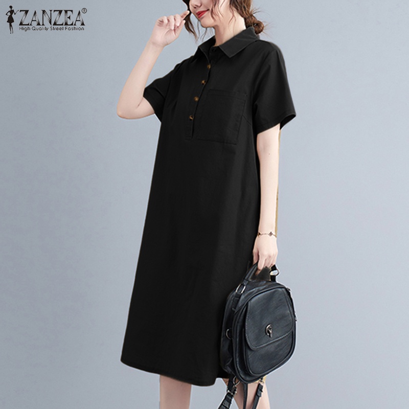 Đầm midi Zanzea tay ngắn cổ bẻ có túi phong cách vintage thời trang cho nữ