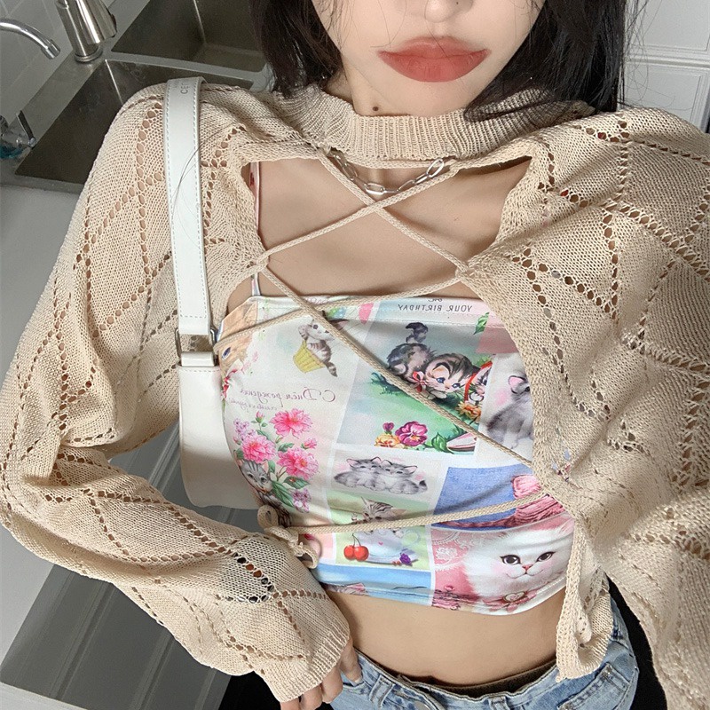Bộ Áo Croptop Không Tay In Họa Tiết + Áo Dệt Kim Tay Dài Màu Trơn Thời Trang Cho Nữ