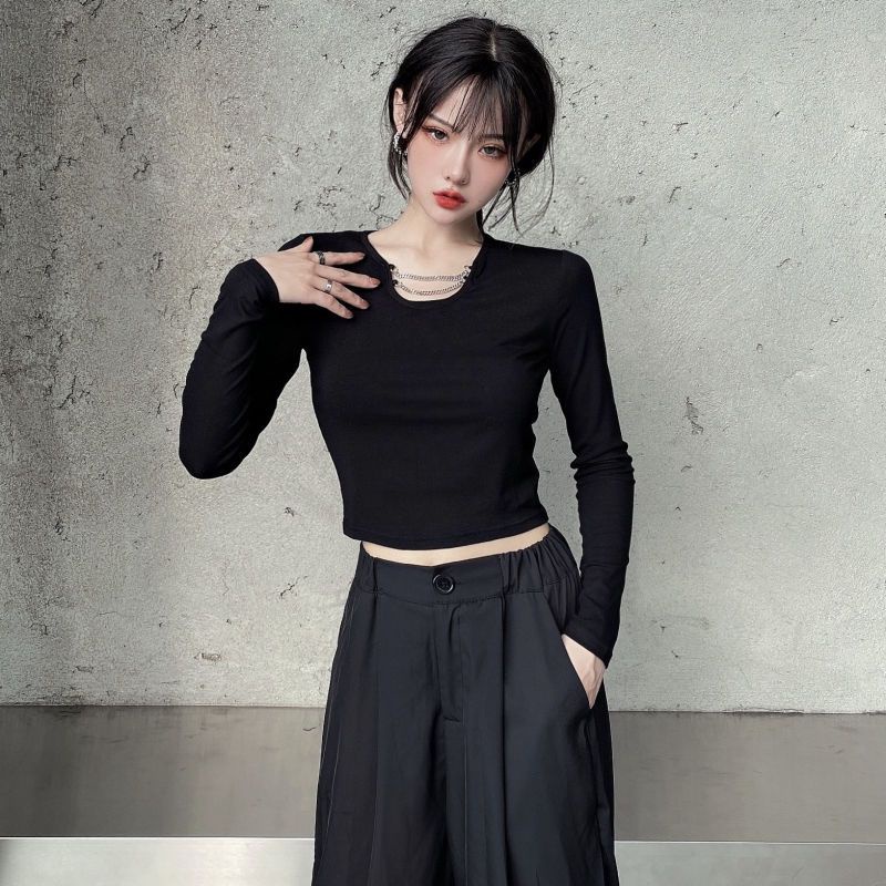 Áo Thun Ngắn Tay Dài Màu Đen Phối Dây Xích Phong Cách Hàn Quốc Cho Nữ