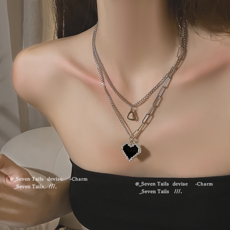 Set 2 dây chuyền MAYEBE LAVEND bằng thép titan mặt hình trái tim màu đen phong cách Hàn Quốc cá tính dành cho nữ