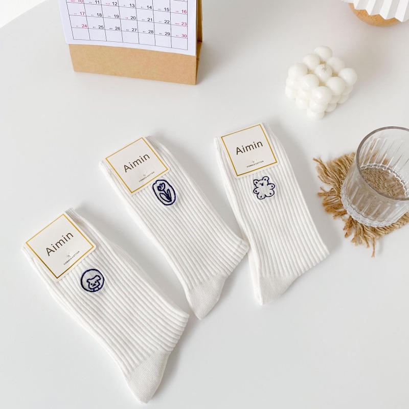 Tất trắng gân nữ Cổ cao Vớ nữ Cao cổ In hình thú Chất Cotton Cao cấp Mềm mịn Thấm hút mồ hôi Hàn Quốc