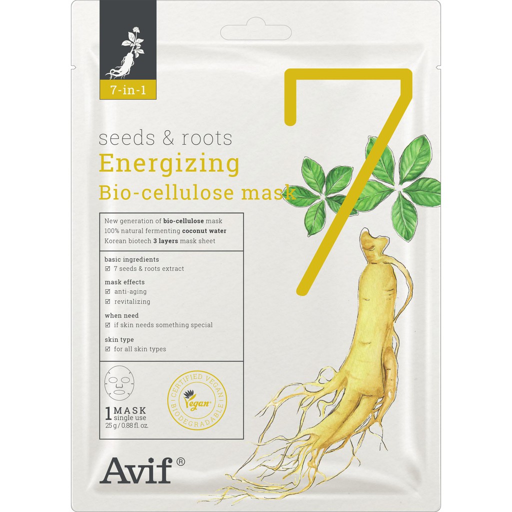 Mặt Nạ Thuần Thực Vật Sợi Sinh Học 7-IN-1 SEEDS AND ROOTS ENERGIZING BIO-CELLULOSE MASK