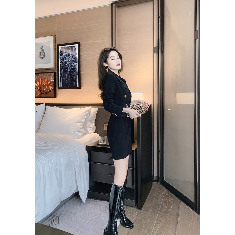 ZYHT Đầm Đen Tay Dài Phối Nút Trang Trọng Thời Trang Mùa Hè 5350
