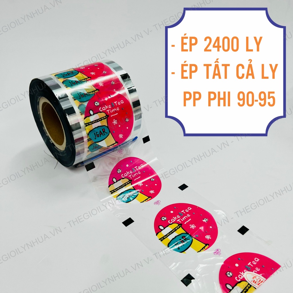 Màng dập ly nhựa, cuộn keo ép ly nhựa, màng ép ly trà sữa in sẵn từ 300ml đến 700ml hiệu HS NEW đủ 2400 ly/cuộn Tea Cake