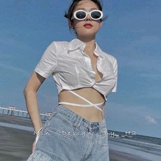 Áo sơ mi croptop dây chéo eo tay ngắn