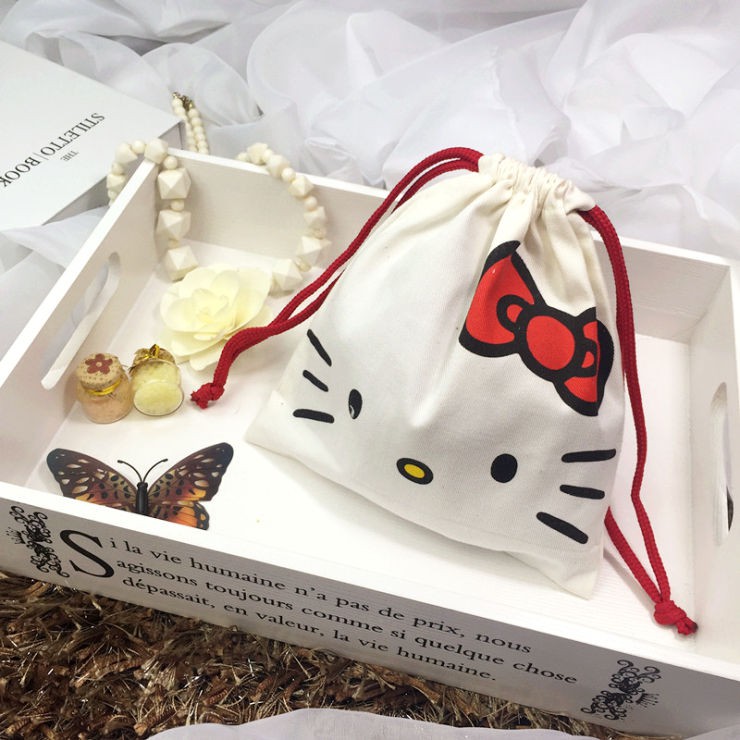 Túi Dây Rút Chất Liệu Cotton In Hình Hello Kitty Dễ Thương Phong Cách Nhật Bản