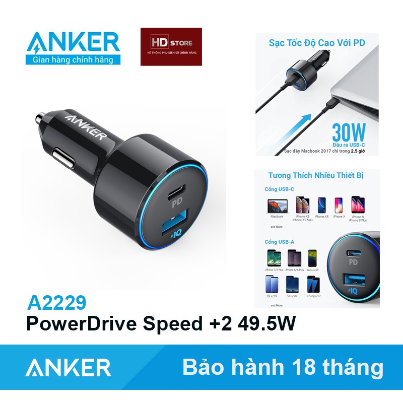 Tẩu Sạc Oto Ô tô ANKER PowerDrive Speed + 2 49.5W sạc nhanh PD 30W - Mã A2229