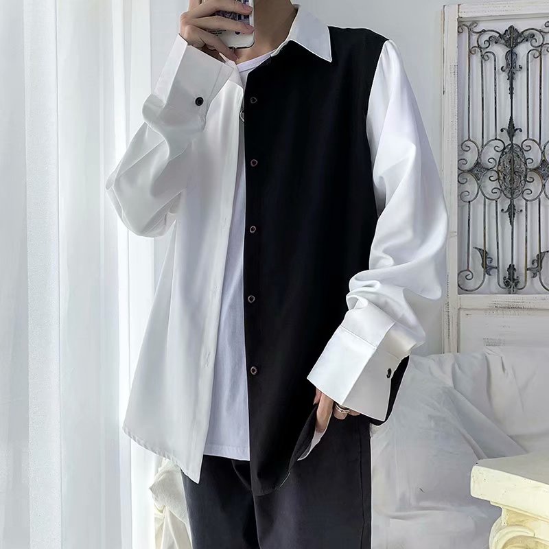 Áo sơ mi tay dài phối màu trắng đen phong cách Hàn Quốc dành cho nam