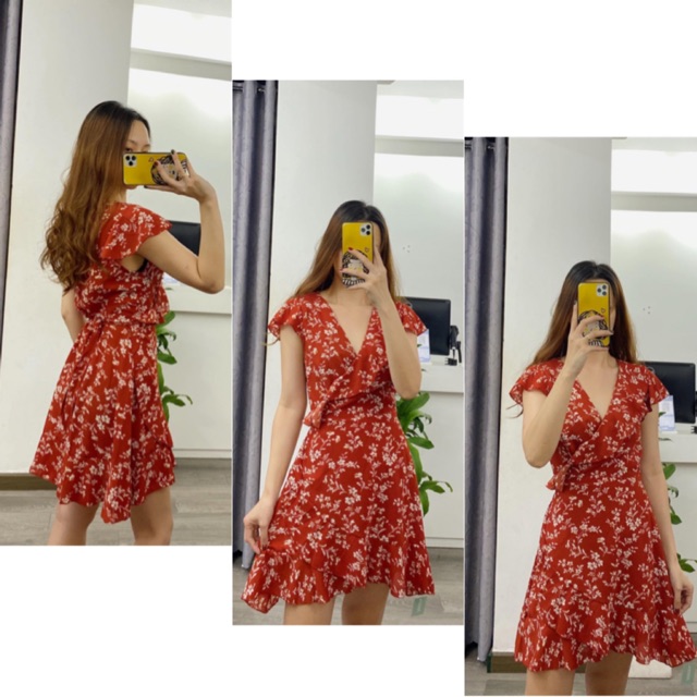 Đầm Đỏ Orla Dress chất voan hàng nhập quảng châu váy thiết kế hoạ tiết hoa vạt chéo cột ngay eo from chuẩn basic | BigBuy360 - bigbuy360.vn