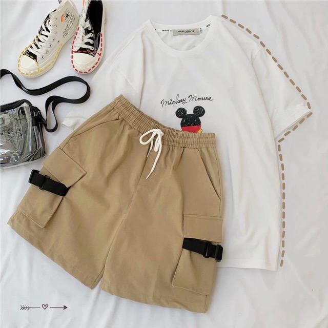 Quần short kaki túi hộp phối dây ngang streetwear