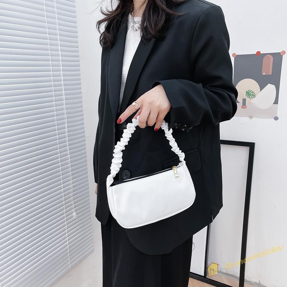 【On Sale】Vintage Women Pure Color Pleated Shoulder Bag Casual Small Handbag Purse