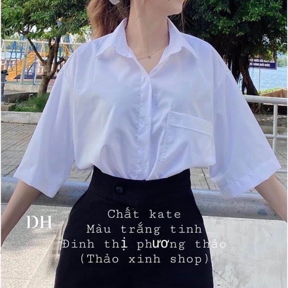 Áo sơ mi trắng học sinh cộc tay có túi form rộng unisex/ Áo sơ mi nam nữ mặc đi học đi chơi Q16