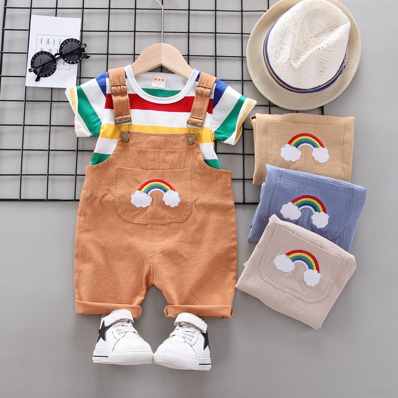 Set đồ em bé 0-4 tuổi áo thun sọc ngắn tay cổ tròn và quần short thời trang mùa hè