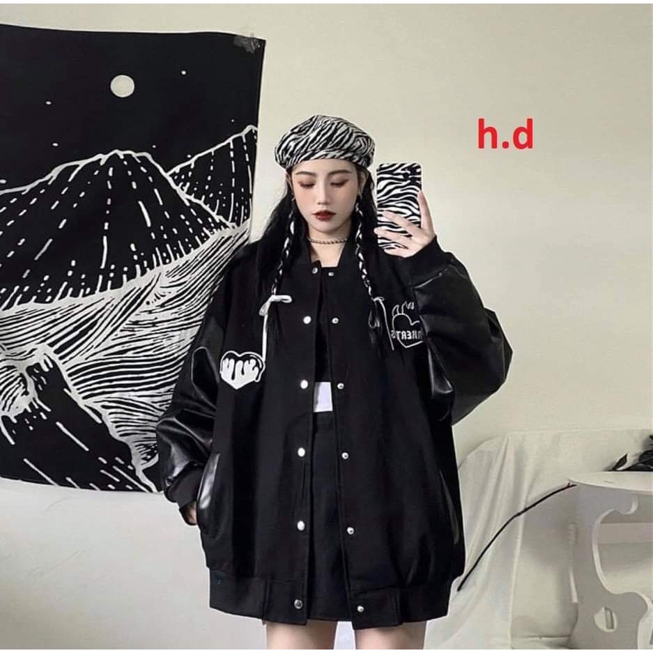 Áo Khoác Bomber Unisex Form Rộng , Áo Khoác Nỉ Tay Da Họa Tiết Trái Tim Dáng Đẹp | BigBuy360 - bigbuy360.vn