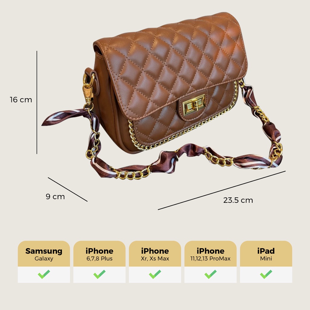 Túi xách nữ đeo vai và chéo trần trám MUNGA da mềm size 23 nhiều ngăn  dây xích phối vải TMG02